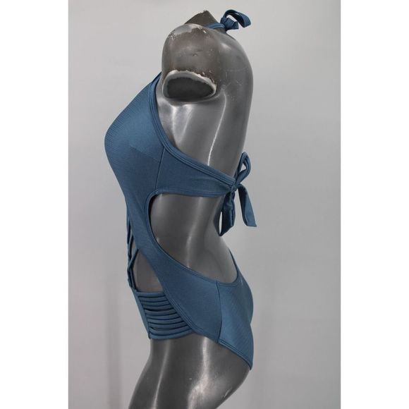 HEAT SHINY BLUE ONE PIECE M STRAPPY SWIMSUIT WOMENS OPEN BACK - Picture 4 of 11